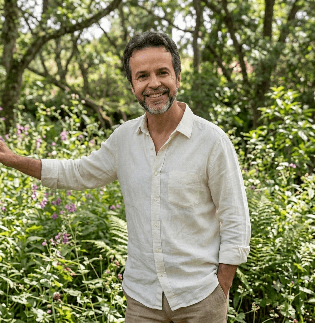 Marcus Rocha sorrindo ao ar livre, em meio a plantas e árvores.