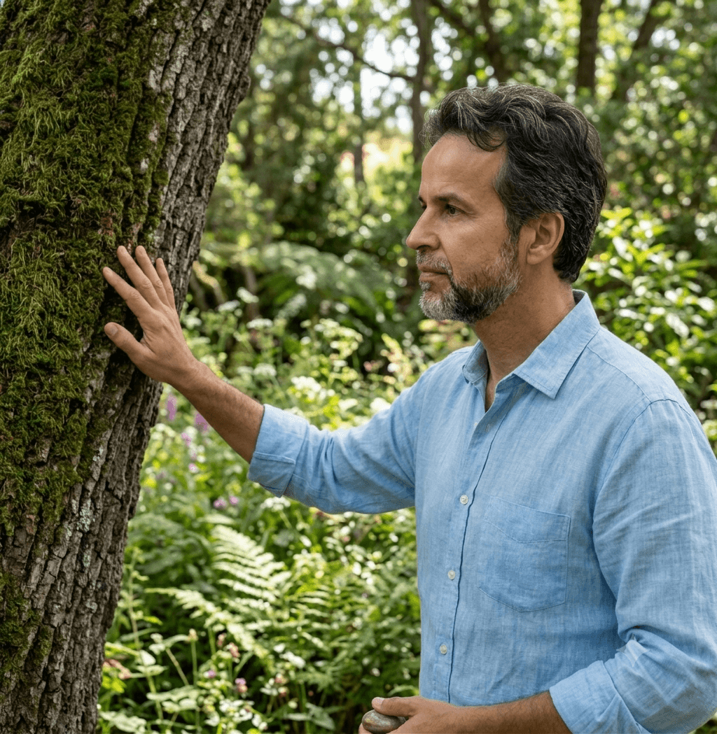 Marcus Rocha em perfil, tocando o tronco de uma árvore em um jardim.